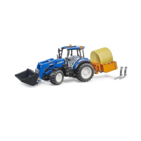 Bruder Traktor New Holland T5.120 s čel. nakladačem, korbou, vidl. a kulatým balíkem- poškozený obal