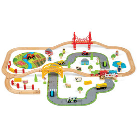 Bigjigs Rail Dřevěná vláčkodráha s venkovskou cestou 80 dílů poškozený obal