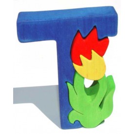 Dřevěné vkládací puzzle z masivu- Abeceda písmenko T tulipán