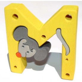 Dřevěné vkládací puzzle z masivu - Abeceda písmenko M myš