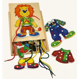 Dřevěné hračky-motorické hry- Lvíček Leo, první šití